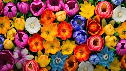 aerial view from a vibrant flower field with a clear blue sky and rolling hills generative ai