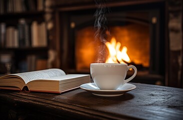 cup of tea or coffee and open book near fireplace at cozy home, hot drink at wnter - Powered by Adobe