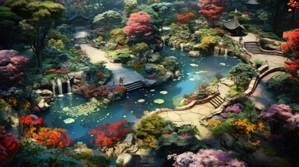 Fototapeta na wymiar tranquil garden in full bloom, with colorful flowers and pathways seen from above generative ai
