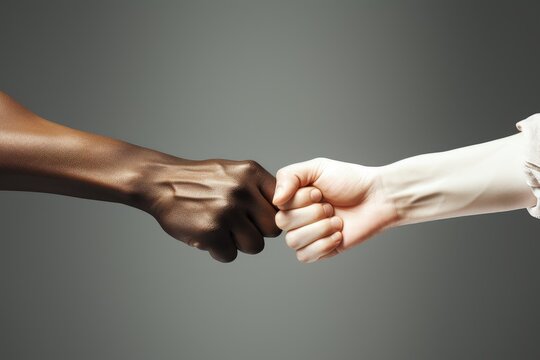 Black hand and white hand greeting each other with closed fists, racial equality concept, Generative AI