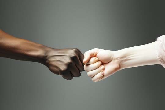 Black hand and white hand greeting each other with closed fists, racial equality concept, Generative AI