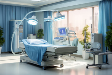 Fototapeta na wymiar Modern operating room with medical equipment and green plants in hospital. Interior of empty surgical theatre with operation table and window. Concept of health