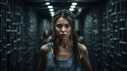 Scared girl with friends in gloomy spooky corridor, young woman lost in labyrinth or maze. Terrified female person like horror movie. Concept of Halloween, quest, escape. - obrazy, fototapety, plakaty