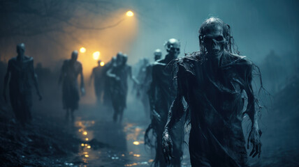 Creepy undead skeletons walking on street in rain at night, zombie apocalypse. Cinematic view of scary dead in mystic dusk and mist. Concept of horror, halloween, - obrazy, fototapety, plakaty