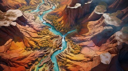 aerial view of a canyon with winding hiking trails and colorful rock formations generative ai