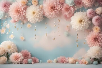 Chrysanthemum Baby Digital Backdrop Photography Background Cake Smash Pastel Pink Backdrop Balloons Overlays Baby Shoots Birthday Party Prop