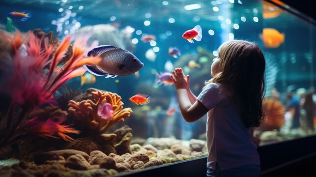 An individual gazes in wonder at the colorful fish in their home aquarium, a tranquil moment of appreciation for the beauty of underwater life.