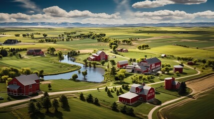 aerial view of a rural farm with fields of crops and a red barn nestled in the landscape generative ai