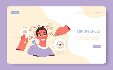 Mindfulness web banner or landing page. Cheerful male character