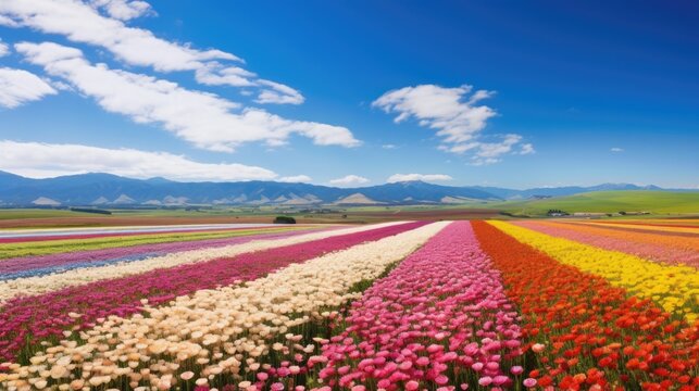 aerial view from a vibrant flower field with a clear blue sky and rolling hills generative ai