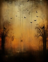 Halloween background with bats flying in the mist and trees in the background