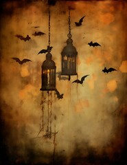 Halloween background with bats and lanterns in grunge style.