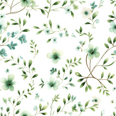 Seamless pattern green flowers and leaves swirling on a white background, water color