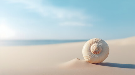 Image of a perfectly spiraled seashell on a pristine sandy beach, Seashell Spiral in Minimal Form, Seashell on sand - obrazy, fototapety, plakaty