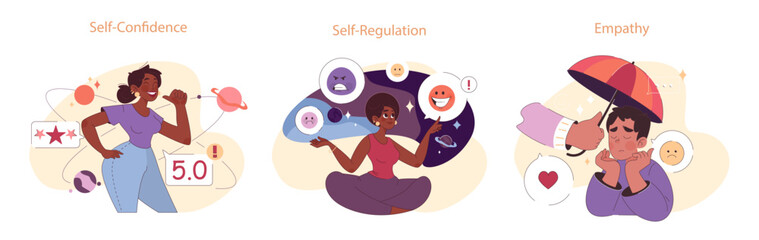 Emotional intelligence set. Diverse young characters soft social skill. Emotional