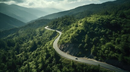 aerial perspective from a winding mountain road with lush vegetation on a sunny day generative ai - obrazy, fototapety, plakaty