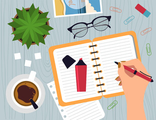 Top View Of Womans Hand Drawing In Notebook. Vector Illustration In Flat Style