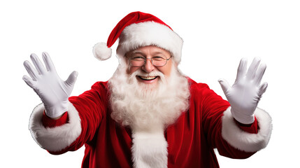 happy smiling santa claus with his red coat and christmas hat with his hands in white gloves, png transparent, generative ai