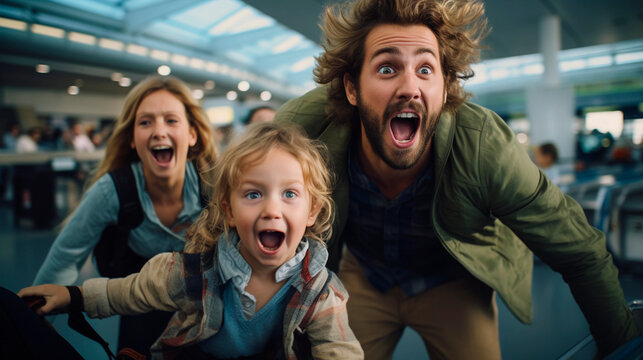 A family enjoying, smiling, and looking surprised at the airport, happy about embarking on their new adventure