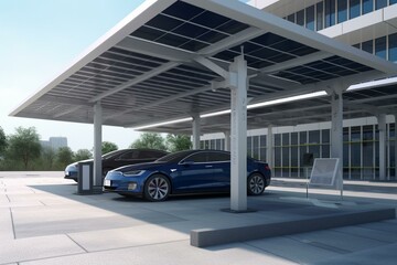 EV charging at solar station. Generative AI - obrazy, fototapety, plakaty