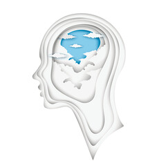 Modern layered cut out colored paper human profile with clouds. Concept of relaxation, tranquility and mental health. Deep paper art origami style