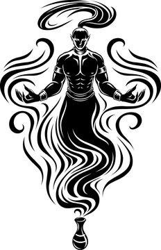 Jinn or Ifrit dark gothic silhouette art. Tattoo, Halloween design and decor element. Highly detailed and neat lines for print or engraving
