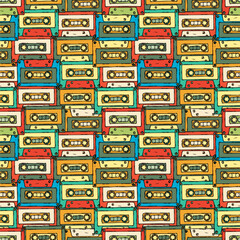 Retro audio cassette seamless pattern. 80s, 70s, 60s music sound tape, hand drawn vector colorful background