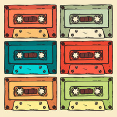 Retro audio cassette 80s, 70s, 60s music sound tape, hand drawn vector colorful background