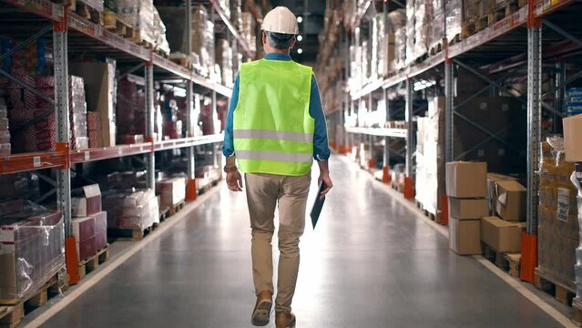 Back view of male contractor. Storage worker in reflective vest and protective helmet making review of warehouse. Industrial man going at storage building with multi tiered shelves.