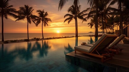 A beautiful view from the hotel swimming pool of the sunset in an exotic country. Ai generative