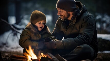 Father and son are sitting next to a bonfire at a winter camp. Ai generative - obrazy, fototapety, plakaty