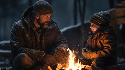 Father and son are sitting next to a bonfire at a winter camp. Ai generative