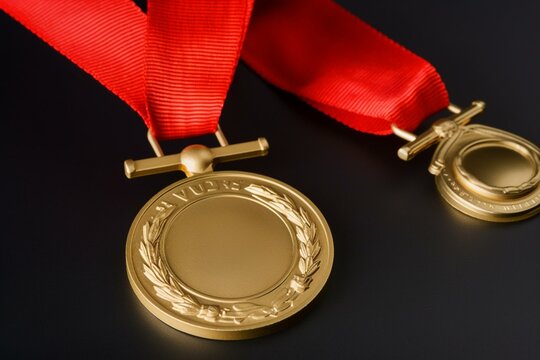 Gold seal medal with red ribbon. Generative AI