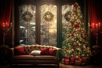 Fototapeta na wymiar A cozy, traditionally decorated room for Christmas. Ai generative