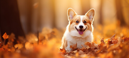 Happy Corgi dog on Autumn nature background, wide web banner. Autumn activities for dogs. Ai generative