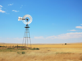 A solitary windmill standing tall in a vast field, surrounded by peacefulness and serenity.