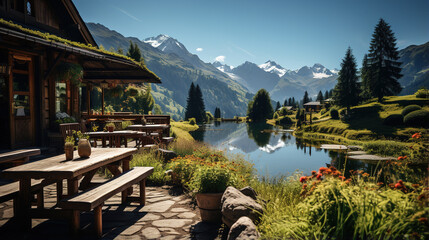 View from the relaxation terrace of the mountains and forests. Relaxation and nature. AI generated.