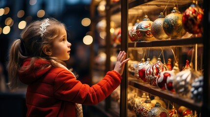 A child looks at Christmas decorations at the fair. Ai genrative