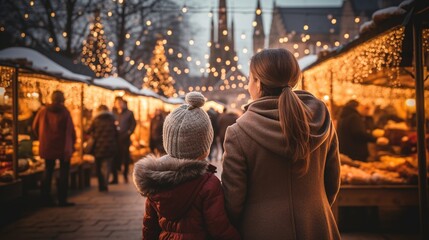 Fototapeta premium Mother and daughter walk during the Christmas fair. Ai genrative