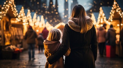 Mother and daughter walk during the Christmas fair. Ai genrative - obrazy, fototapety, plakaty