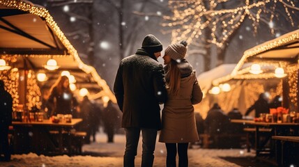Fototapeta premium A couple in love walks at a Christmas festival. Ai generative.
