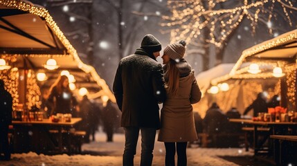 A couple in love walks at a Christmas festival. Ai generative.