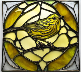 Yellow Warbler bird, abstract painting in stained glass style