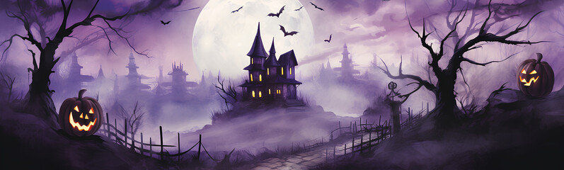 Halloween landscapes illustrated in watercolor. Illustrations of spooky Halloween landscapes with pumpkins, bats, haunted houses.
