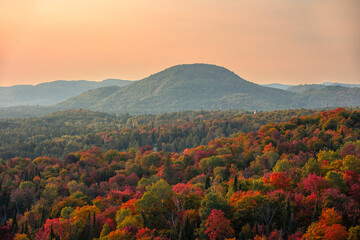 Aerial view of winding river in Laurentian mountains, Quebec, Canada during the fall
