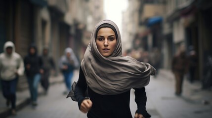 Young Muslim woman with a hijab fleeing from war and destruction - obrazy, fototapety, plakaty