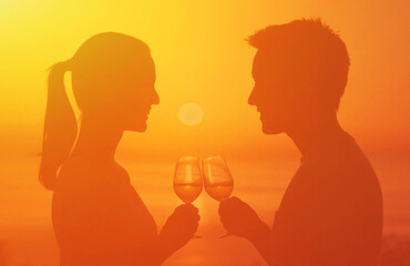 silhouette of a couple drinking wine
