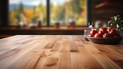 blurred kitchen background empty table, wood wall.generative ai