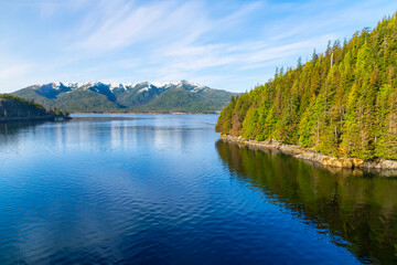 Fototapeta na wymiar A small bay along the Tongass Narrows waterway near the cruise port and town of Ketchikan, Alaska, with Gravina Island across the water.