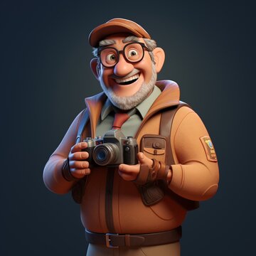 3D illustration of a senior tourist with a camera in his hand, AI Generated
